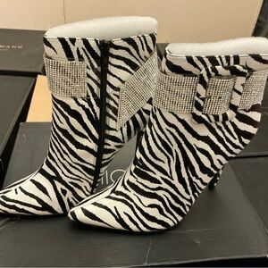 Fashion Nova Zebra Print Heeled Boots with Rhinestones